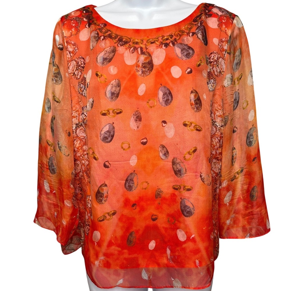 WORTH NEW‎ YORK Orange 100% Silk Gemstone Print Blouse Sz 12 Art to Wear Flowy